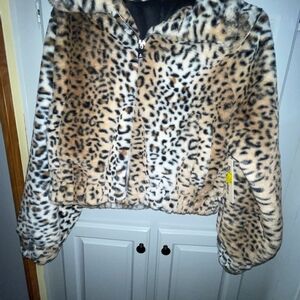 Faux Leopard Print Zip Front Crop Jacket - Beige, Black, Cream